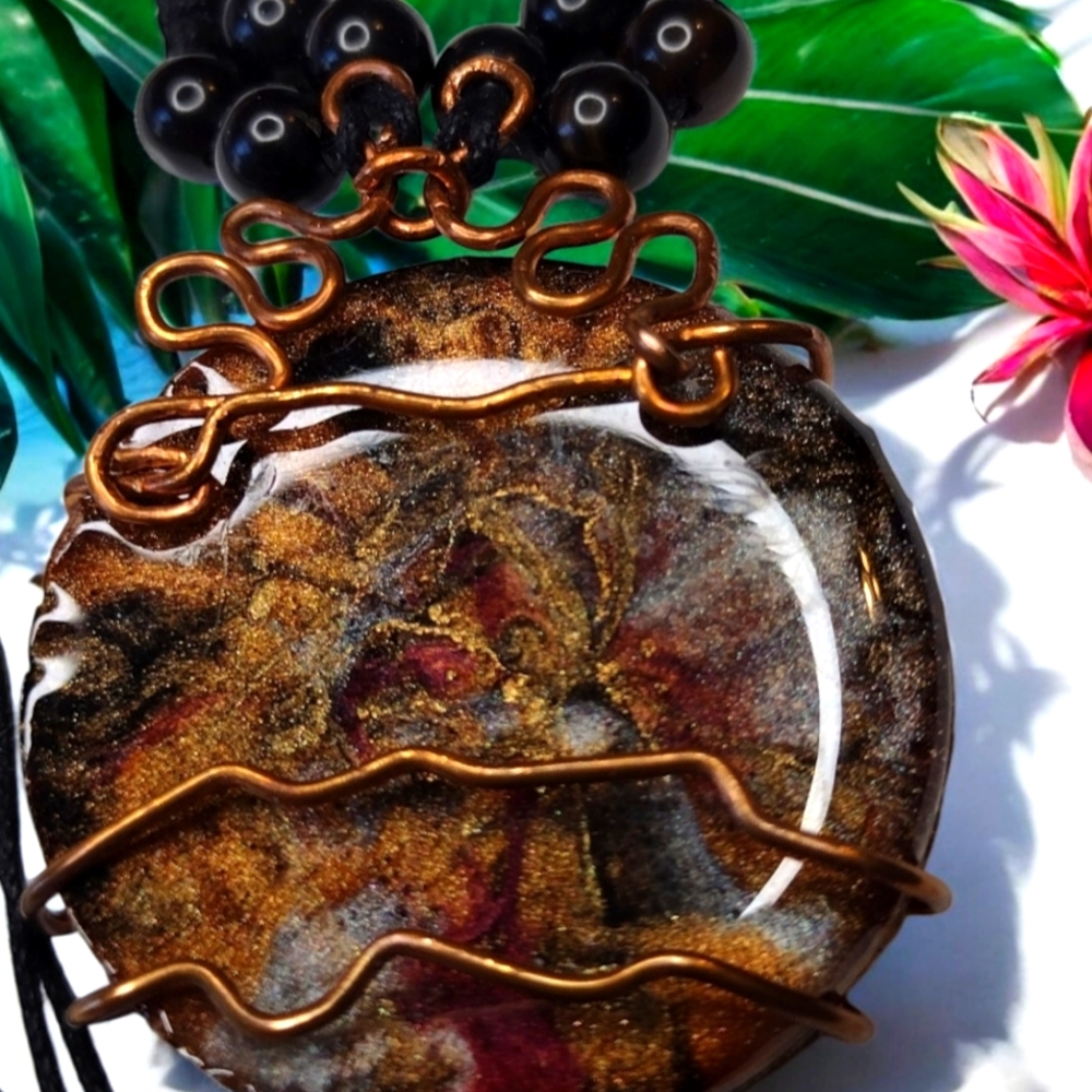 Copper Sparkle Metallic Round Pendant Adjustable Length Necklace OOAK